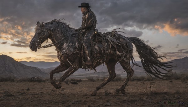 solo,gloves,1boy,hat,male focus,boots,outdoors,sky,cloud,from side,black headwear,facial hair,animal,cloudy sky,fire,beard,smoke,top hat,mountain,riding,horse,cowboy hat,horseback riding,reins,saddle,jacket,weapon,pants,black footwear,black jacket,black pants,scenery,sunset,desert,cowboy western