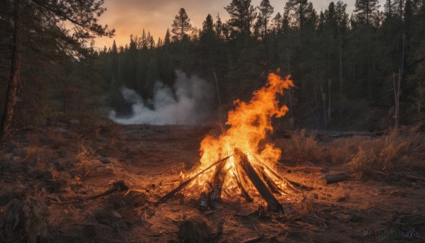 outdoors,sky,cloud,tree,no humans,fire,building,nature,scenery,forest,smoke,sunset,ruins,bridge,burning,weapon,sword,water,cloudy sky,landscape