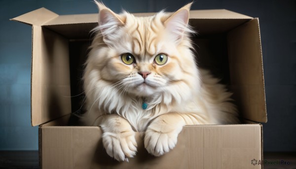 HQ,solo,looking at viewer,jewelry,green eyes,yellow eyes,no humans,animal,cat,gem,box,realistic,in container,animal focus,cardboard box,whiskers,in box,white cat,simple background,signature,necklace