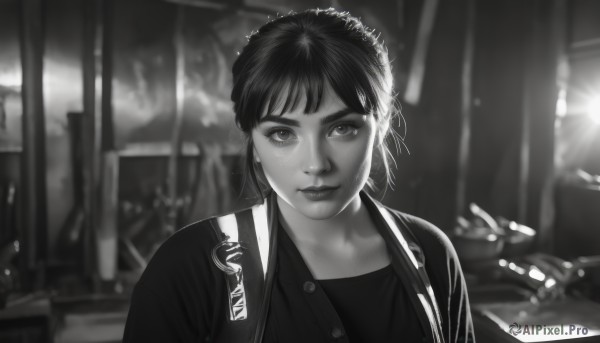 1girl,solo,looking at viewer,short hair,bangs,shirt,closed mouth,jacket,monochrome,upper body,greyscale,earrings,open clothes,artist name,blurry,open jacket,lips,depth of field,blurry background,watermark,freckles,realistic,jewelry,ponytail,outdoors,portrait,nose