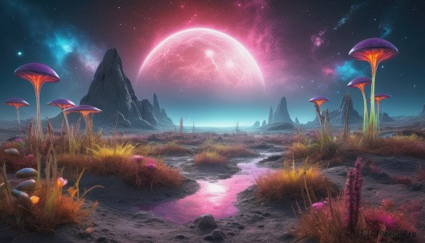 outdoors,sky,cloud,water,tree,no humans,night,moon,grass,star (sky),nature,night sky,scenery,full moon,starry sky,reflection,rock,mountain,fantasy,mushroom,planet,landscape,red moon,flower,glowing,plant,lake,reflective water