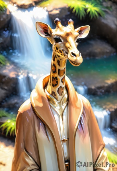 solo,looking at viewer,1boy,upper body,male focus,outdoors,day,hood,water,necklace,blurry,black eyes,tree,no humans,mask,blurry background,animal,grass,nature,furry,1other,robe,waterfall,deer,jacket,hoodie,horse,elephant