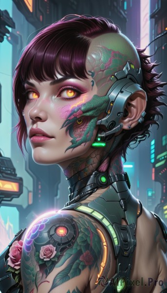 1girl,solo,looking at viewer,short hair,bangs,brown hair,bare shoulders,jewelry,closed mouth,yellow eyes,upper body,purple hair,flower,earrings,looking back,from behind,lips,orange eyes,eyelashes,tattoo,makeup,glowing,rose,headgear,piercing,ear piercing,eyeshadow,science fiction,nose,eyeliner,arm tattoo,shoulder tattoo,cyborg,neon trim,mascara,cyberpunk,mechanical parts,back tattoo,hologram,black hair,nude,parted lips,from side,lipstick,portrait,glowing eyes,cable,very short hair,earpiece,full-body tattoo,eyebrow piercing,artificial eye,mechanical eye