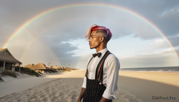 solo,shirt,1boy,bow,white shirt,pink hair,male focus,red hair,multicolored hair,outdoors,sky,day,striped,collared shirt,cloud,dark skin,bowtie,from side,two-tone hair,blue sky,black bow,profile,facial hair,dark-skinned male,suspenders,building,scenery,black bowtie,realistic,house,rainbow,short hair,black hair,closed eyes,ocean,beach,sand,horizon,road,undercut