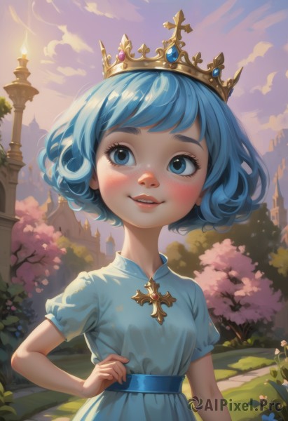 1girl,solo,blush,smile,short hair,bangs,blue eyes,dress,jewelry,blue hair,upper body,flower,short sleeves,outdoors,parted lips,sky,teeth,day,puffy sleeves,artist name,cloud,signature,white dress,tree,puffy short sleeves,lips,hand on hip,looking to the side,eyelashes,blue dress,watermark,looking away,cloudy sky,cross,tiara,crown,building,child,pink flower,freckles,female child,castle,breasts,looking at viewer,open mouth,upper teeth only,grass,gem,nose,bush