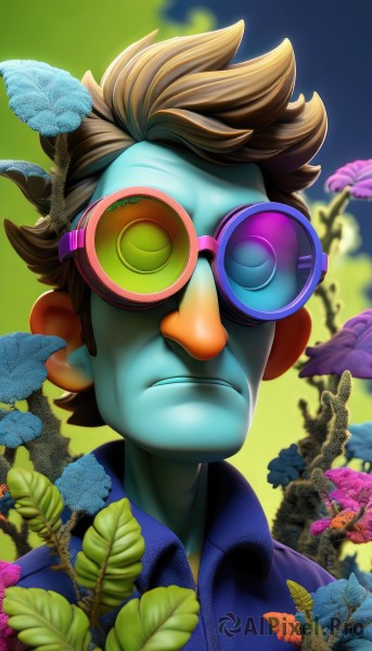 solo,looking at viewer,short hair,brown hair,shirt,1boy,closed mouth,green eyes,upper body,flower,male focus,glasses,collared shirt,blurry,colored skin,frown,leaf,sunglasses,plant,goggles,portrait,round eyewear,blue skin,green skin,tinted eyewear,artist name,bird,watermark,spiked hair