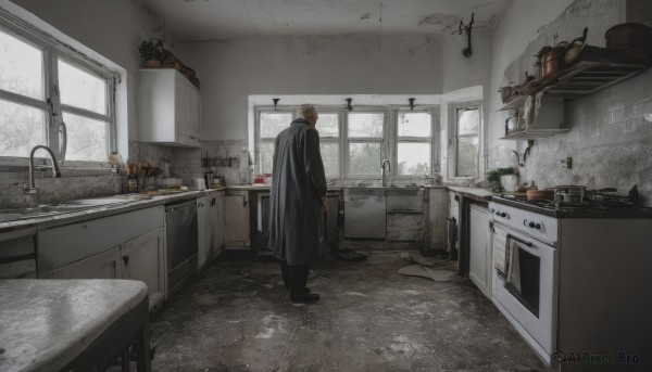 solo,short hair,blonde hair,1boy,standing,grey hair,male focus,pants,indoors,from behind,black footwear,coat,window,chair,table,bottle,plant,scenery,black coat,tiles,potted plant,wide shot,tile wall,kitchen,frying pan,sink,faucet,cabinet,stove,food,cloak,plate,lamp,jar,refrigerator,kettle