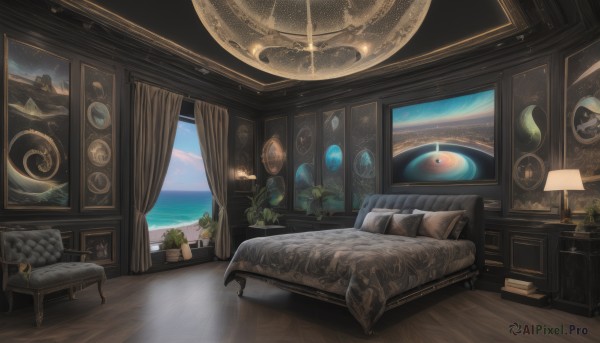 sky,day,cloud,indoors,blue sky,pillow,book,no humans,window,bed,night,ocean,chair,moon,table,plant,curtains,crescent,star (sky),night sky,scenery,couch,wooden floor,horizon,clock,bookshelf,potted plant,lamp,bedroom,crescent moon,cushion,painting (object),carpet,rug,globe,water,cabinet