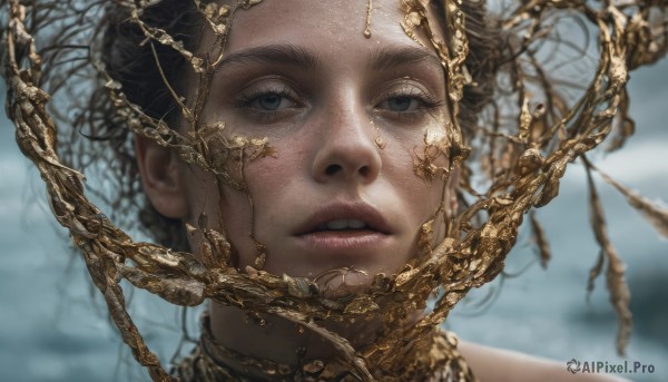 1girl,solo,looking at viewer,short hair,blue eyes,brown hair,black hair,parted lips,blurry,lips,grey eyes,depth of field,blurry background,portrait,freckles,realistic,gold,jewelry,teeth,tree,eyelashes,chain,close-up,nose,branch,gold chain