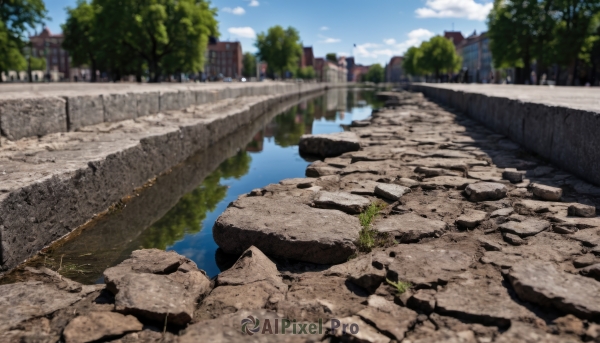 outdoors,sky,day,cloud,water,tree,blue sky,no humans,grass,building,scenery,reflection,rock,city,road,ruins,bridge,river,real world location,blurry,depth of field,cloudy sky,reflective water