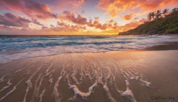 outdoors, sky, cloud, water, tree, dutch angle, no humans, ocean, beach, cloudy sky, nature, scenery, sunset, sand, horizon, shore