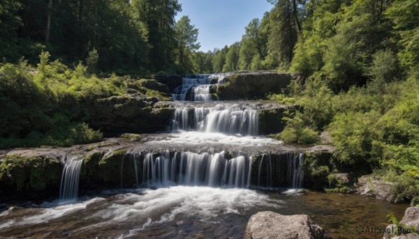 A waterfall portrayed in a vivid day