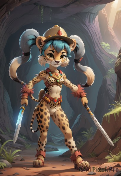 1girl,solo,long hair,breasts,looking at viewer,smile,bangs,hat,navel,holding,animal ears,twintails,brown eyes,jewelry,blue hair,standing,tail,full body,weapon,multicolored hair,small breasts,outdoors,teeth,belt,artist name,necklace,holding weapon,tree,fur trim,watermark,grass,knife,animal print,nature,furry,freckles,dual wielding,anklet,furry female,holding knife,dagger,body fur,animal nose,cowboy hat,snout,leopard print,holding dagger,leopard ears,leopard tail,bare shoulders,closed mouth,yellow eyes,white hair,sidelocks,day,midriff,sword,signature,stomach,armor,flat chest,two-tone hair,:3,holding sword,happy,sunlight,helmet,gem,claws,pouch,light rays,rock,glint,hair tie,white fur,brown fur,multi-tied hair,tribal,shin guards