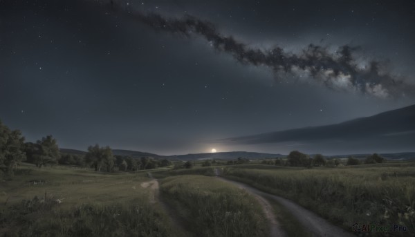 outdoors,sky,cloud,water,tree,no humans,night,grass,star (sky),nature,night sky,scenery,starry sky,horizon,road,dark,landscape,ocean,beach,ground vehicle,field,path,hill