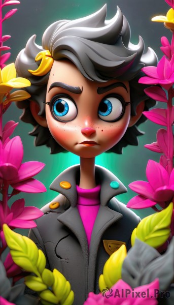 1girl,solo,short hair,blue eyes,shirt,black hair,hair ornament,closed mouth,jacket,upper body,flower,grey hair,multicolored hair,open clothes,artist name,two-tone hair,open jacket,lips,black jacket,looking to the side,makeup,frown,leaf,looking away,bug,butterfly,pink flower,freckles,pink shirt,nose,leather,tomboy,leather jacket,brown hair,leaf on head