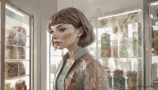 1girl,solo,looking at viewer,short hair,bangs,blue eyes,brown hair,shirt,jewelry,jacket,upper body,earrings,parted lips,food,open clothes,indoors,lips,window,nose,green shirt,shop,closed mouth,from side,open jacket,eyelashes,bandaid,brown jacket,realistic,bandaid on face,stud earrings,plaid shirt