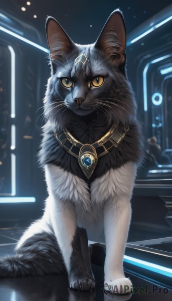 looking at viewer,jewelry,sitting,closed mouth,full body,yellow eyes,solo focus,indoors,no humans,animal,cat,slit pupils,brooch,gem,colored sclera,reflection,black cat,animal focus,yellow sclera,solo,signature,necklace,realistic