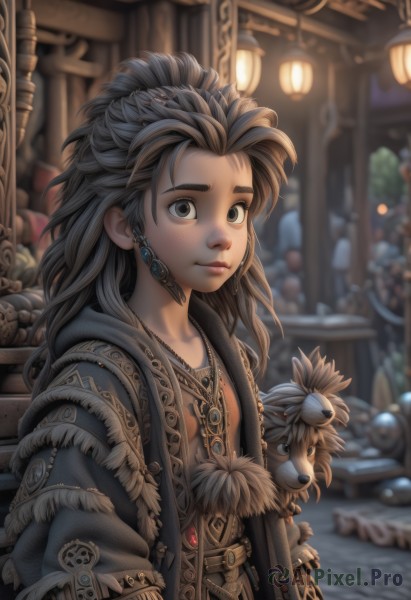 1girl,solo,long hair,looking at viewer,brown hair,black hair,hair ornament,brown eyes,jewelry,closed mouth,upper body,earrings,outdoors,belt,indoors,necklace,blurry,black eyes,lips,coat,grey eyes,fur trim,depth of field,blurry background,feathers,androgynous,freckles,lantern,nose,fantasy,hood,stuffed toy,dog