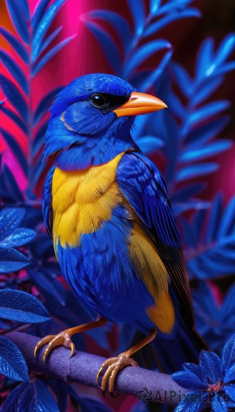 solo,looking at viewer,closed mouth,standing,flower,blurry,black eyes,pokemon (creature),no humans,blurry background,bird,animal,leaf,plant,realistic,animal focus,talons,beak,blue feathers,parrot,jewelry,feathers,blue flower