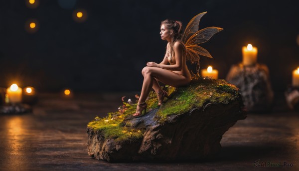 1girl,solo,breasts,short hair,brown hair,jewelry,medium breasts,sitting,nipples,closed eyes,flower,nude,outdoors,wings,horns,barefoot,pointy ears,water,necklace,blurry,from side,night,depth of field,grass,minigirl,anklet,fairy wings,candle,fairy,river,hands on own knees,long hair,black hair,small breasts,high heels,lips,profile,blurry background,realistic,butterfly wings