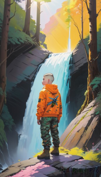 solo,gloves,long sleeves,1boy,standing,jacket,full body,male focus,boots,outdoors,day,pants,hood,fingerless gloves,water,from behind,tree,hoodie,brown footwear,sunlight,hood down,nature,scenery,forest,light rays,bald,river,green pants,waterfall,orange jacket,cliff,white hair,black gloves,signature,tattoo,profile,hooded jacket,rock,camouflage,orange hoodie