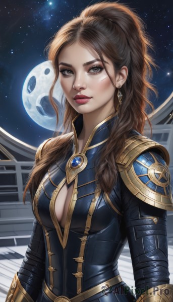 1girl,solo,long hair,breasts,looking at viewer,brown hair,cleavage,brown eyes,jewelry,medium breasts,upper body,ponytail,earrings,sky,armor,lips,clothing cutout,bodysuit,makeup,night,moon,cleavage cutout,shoulder armor,gem,star (sky),night sky,full moon,starry sky,realistic,nose,space,planet,closed mouth,outdoors,artist name,lipstick,freckles,center opening,architecture