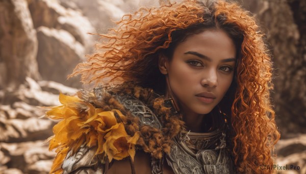 1girl,solo,long hair,looking at viewer,brown hair,brown eyes,closed mouth,upper body,outdoors,dark skin,orange hair,armor,blurry,dark-skinned female,lips,eyelashes,blurry background,leaf,wavy hair,shoulder armor,portrait,curly hair,pauldrons,realistic,nose,hood,depth of field,thick eyebrows,wind,messy hair,close-up