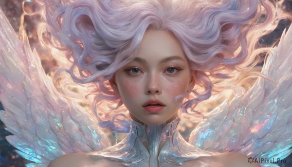 1girl,solo,long hair,looking at viewer,bare shoulders,white hair,parted lips,wings,artist name,blurry,lips,grey eyes,floating hair,blurry background,watermark,wavy hair,portrait,feathered wings,freckles,angel wings,realistic,nose,white wings,angel,straight-on,brown eyes,close-up