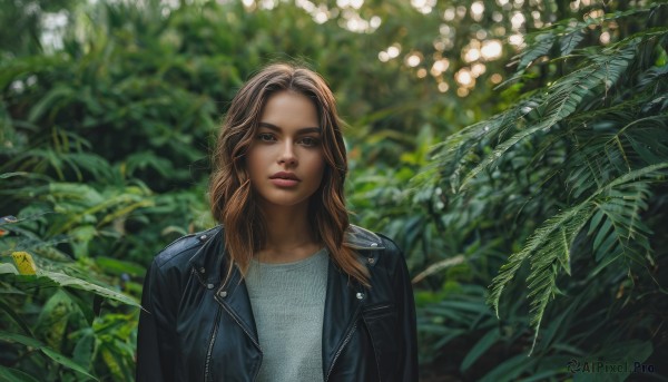 1girl,solo,long hair,looking at viewer,blue eyes,blonde hair,brown hair,shirt,brown eyes,jacket,white shirt,upper body,multicolored hair,outdoors,parted lips,open clothes,blurry,open jacket,lips,black jacket,depth of field,blurry background,leaf,plant,denim,grey shirt,realistic,leather,leather jacket,denim jacket,day,blue jacket,nature,forest,bokeh