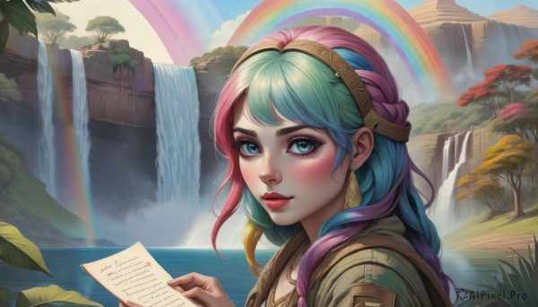 1girl,solo,long hair,looking at viewer,blush,bangs,blue eyes,holding,jewelry,closed mouth,green eyes,blue hair,upper body,pink hair,braid,multicolored hair,hairband,earrings,outdoors,green hair,day,artist name,water,necklace,from side,two-tone hair,tree,lips,eyelashes,aqua hair,makeup,plant,lipstick,portrait,eyeshadow,paper,nose,red lips,rainbow,waterfall,holding paper,mascara,map,rainbow hair,smile,sky,cloud,hand up,gradient hair,ocean,leaf,web address,pink lips