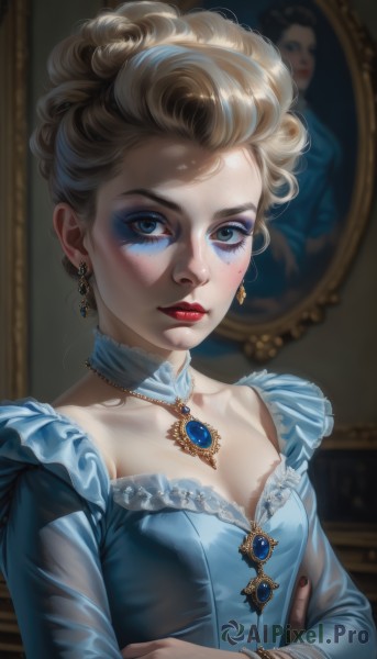 1girl,solo,breasts,looking at viewer,short hair,blue eyes,blonde hair,long sleeves,dress,cleavage,jewelry,closed mouth,collarbone,upper body,earrings,small breasts,frills,choker,necklace,nail polish,blurry,bracelet,lips,eyelashes,makeup,blue dress,lipstick,brooch,gem,eyeshadow,freckles,red lips,eyeliner,hair pulled back,painting (object),mascara,updo,portrait (object),blush,brown hair,medium breasts,mole,mole under eye,crossed arms,realistic,mole on cheek