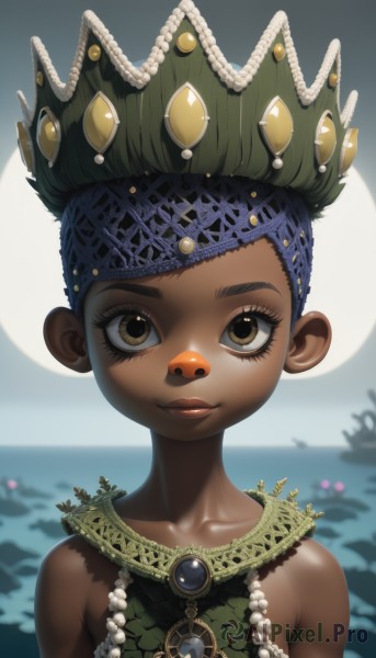 1girl,solo,looking at viewer,smile,short hair,bare shoulders,brown eyes,jewelry,collarbone,upper body,parted lips,green hair,dark skin,necklace,blurry,dark-skinned female,lips,eyelashes,blurry background,ocean,moon,crown,gem,portrait,very dark skin,black hair,hair ornament,closed mouth,water,night,headband,bird,child,full moon,headdress,tribal