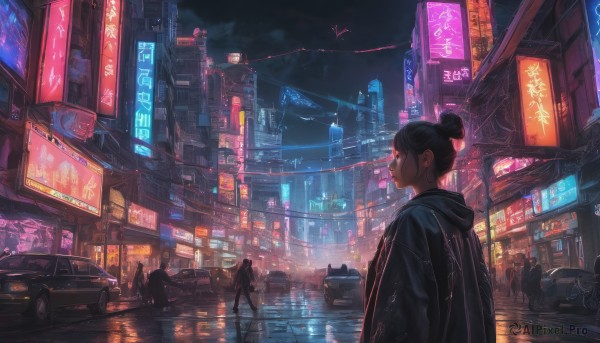 1girl, multiple girls, black hair, jacket, outdoors, multiple boys, sky, solo focus, hood, hair bun, night, single hair bun, hood down, ground vehicle, building, night sky, scenery, motor vehicle, reflection, 6+boys, city, sign, car, road, cityscape, street, city lights, cyberpunk, neon lights