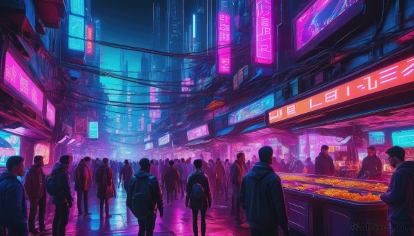 multiple girls,standing,jacket,outdoors,multiple boys,hood,bag,from behind,hoodie,night,backpack,building,scenery,science fiction,6+boys,city,sign,road,cityscape,street,crowd,city lights,cyberpunk,neon lights,people,6+others,short hair,walking,wide shot,multiple others,neon trim