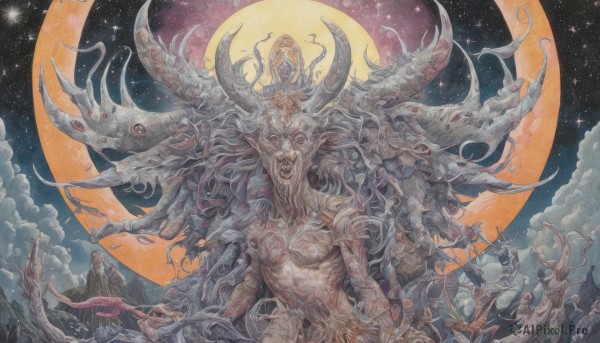 open mouth,weapon,outdoors,horns,sky,teeth,cloud,tree,no humans,night,traditional media,moon,sharp teeth,star (sky),night sky,tentacles,starry sky,monster,mountain,fantasy,crescent moon,extra arms,extra eyes,6+others,eldritch abomination,holding,holding weapon,full moon,giant,multiple others