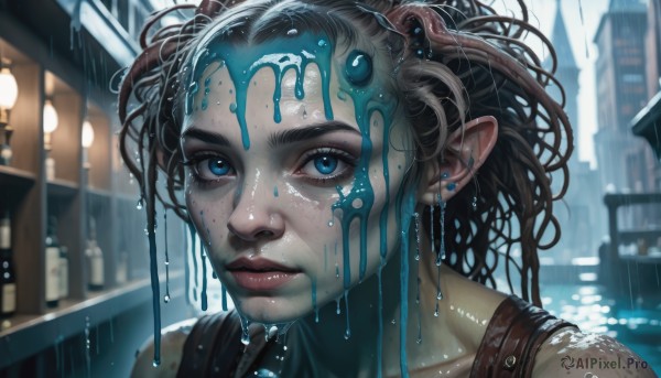 1girl,solo,long hair,looking at viewer,blue eyes,brown hair,black hair,jewelry,earrings,outdoors,parted lips,pointy ears,blurry,lips,wet,makeup,blurry background,colored skin,piercing,ear piercing,portrait,freckles,rain,city,realistic,nose,stud earrings,wet hair,dripping,slime (substance),closed mouth,eyelashes,building,close-up,dirty