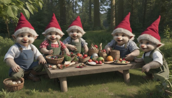 smile,open mouth,blue eyes,shirt,hat,holding,sitting,standing,white shirt,male focus,outdoors,food,multiple boys,day,pants,apron,tree,plaid,fruit,brown footwear,table,squatting,grass,blue shirt,red shirt,nature,red headwear,sleeves rolled up,forest,green shirt,apple,basket,overalls,mushroom,plaid shirt,vegetable,tree stump,corn,looking at viewer,:d,shoes,teeth,signature,no humans,siblings,animal,cat,furry,bowl,4boys,rabbit,fantasy,5boys,egg,tablecloth