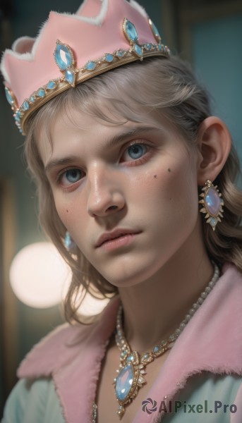 1girl,solo,long hair,looking at viewer,blue eyes,blonde hair,brown hair,dress,jewelry,closed mouth,earrings,necklace,mole,blurry,lips,mole under eye,blurry background,tiara,crown,gem,portrait,freckles,realistic,nose,princess,blush,bangs,mole on cheek