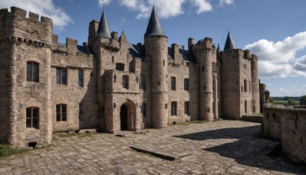 outdoors,sky,day,cloud,tree,blue sky,no humans,window,shadow,sunlight,cloudy sky,grass,building,scenery,road,wall,castle,path,arch,fantasy,architecture,pavement