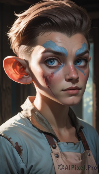 1girl,solo,looking at viewer,short hair,blue eyes,brown hair,shirt,black hair,1boy,closed mouth,upper body,male focus,pointy ears,indoors,blurry,apron,lips,torn clothes,blood,blurry background,facial mark,blue shirt,child,portrait,freckles,injury,blood on face,realistic,nose,facepaint,blood on clothes,male child,multicolored hair,collared shirt,artist name,eyelashes,scar,thick eyebrows,dirty,dirty face