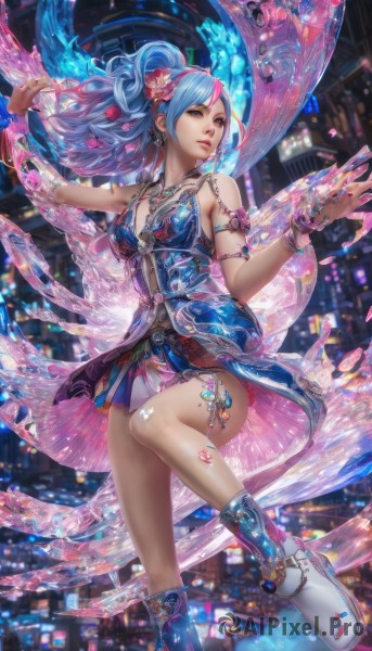 1girl,solo,long hair,breasts,looking at viewer,hair ornament,dress,cleavage,bare shoulders,brown eyes,jewelry,medium breasts,blue hair,ponytail,pink hair,flower,multicolored hair,earrings,boots,parted lips,sleeveless,hair flower,necklace,nail polish,bracelet,two-tone hair,lips,streaked hair,sleeveless dress,ring,bandaid,armlet,realistic,blue eyes,watermark