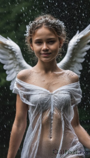 1girl,solo,breasts,looking at viewer,smile,short hair,brown hair,hair ornament,dress,navel,bare shoulders,brown eyes,medium breasts,wings,white dress,blurry,lips,wet,see-through,wet clothes,feathered wings,freckles,rain,angel wings,realistic,white wings,angel,head wreath,see-through dress,blonde hair,cleavage