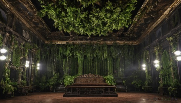 outdoors,indoors,tree,no humans,sunlight,plant,scenery,light rays,stairs,light,bench,ruins,vines,pillar,ceiling,moss,ceiling light,overgrown,signature,window