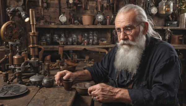 solo,1boy,holding,jewelry,upper body,white hair,male focus,glasses,indoors,necklace,cup,facial hair,table,ring,bottle,holding cup,beard,alcohol,black-framed eyewear,bowl,watch,mug,realistic,spoon,round eyewear,mustache,lamp,manly,old,old man,jar,wrinkled skin,loaded interior,looking at viewer,shirt,long sleeves,sitting,closed mouth,jacket,book,black shirt,plant,sleeves rolled up,glint,nose,clock,bald,shelf,sleeves pushed up,light bulb,counter,denim jacket,weighing scale,screw