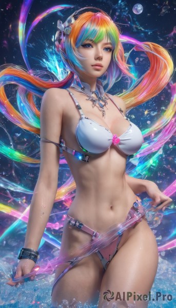 1girl,solo,long hair,breasts,looking at viewer,bangs,blue eyes,blonde hair,large breasts,navel,cleavage,jewelry,medium breasts,blue hair,standing,swimsuit,pink hair,bikini,multicolored hair,cowboy shot,hairband,parted lips,water,bracelet,lips,detached collar,watermark,white bikini,realistic,nose,rainbow hair,hair ornament,twintails,very long hair,ponytail,orange hair,planet