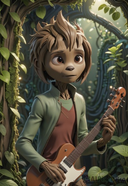 1girl,solo,short hair,brown hair,shirt,long sleeves,1boy,holding,brown eyes,jewelry,closed mouth,jacket,male focus,outdoors,open clothes,artist name,blurry,bracelet,open jacket,tree,leaf,plant,red shirt,instrument,nature,furry,zipper,furry female,music,guitar,furry male,playing instrument,holding instrument