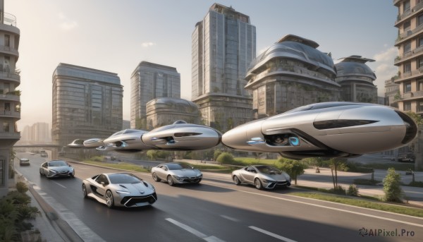 outdoors,sky,day,cloud,tree,blue sky,no humans,ground vehicle,building,scenery,motor vehicle,science fiction,city,realistic,aircraft,car,road,vehicle focus,lamppost,street,skyscraper,crosswalk,cityscape,sports car