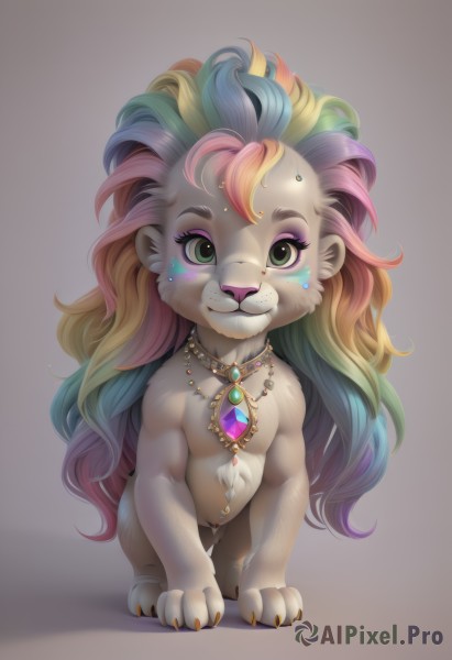 solo,long hair,looking at viewer,smile,blonde hair,simple background,jewelry,closed mouth,green eyes,blue hair,full body,pink hair,multicolored hair,green hair,grey background,necklace,no humans,gradient hair,makeup,:3,shadow,facial mark,piercing,gem,furry,eyeshadow,freckles,rainbow hair,artist name,two-tone hair,gradient,gradient background,eyelashes,watermark,wavy hair,web address,claws,green gemstone,elephant