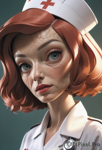 1girl,solo,looking at viewer,short hair,simple background,brown hair,shirt,hat,green eyes,white shirt,red hair,parted lips,lips,grey eyes,eyelashes,makeup,portrait,freckles,veins,green background,realistic,nose,nurse cap,red lips,nurse,stethoscope,red cross,upper body,watermark,expressionless,watch