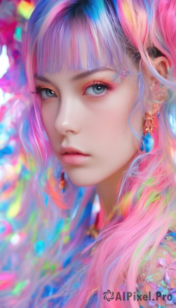 1girl,solo,long hair,looking at viewer,bangs,blue eyes,hair ornament,jewelry,blue hair,pink hair,multicolored hair,earrings,parted lips,teeth,blunt bangs,blurry,black eyes,lips,grey eyes,eyelashes,gradient hair,makeup,portrait,eyeshadow,realistic,nose,eyeliner,colorful,mascara,expressionless,piercing,gem,close-up